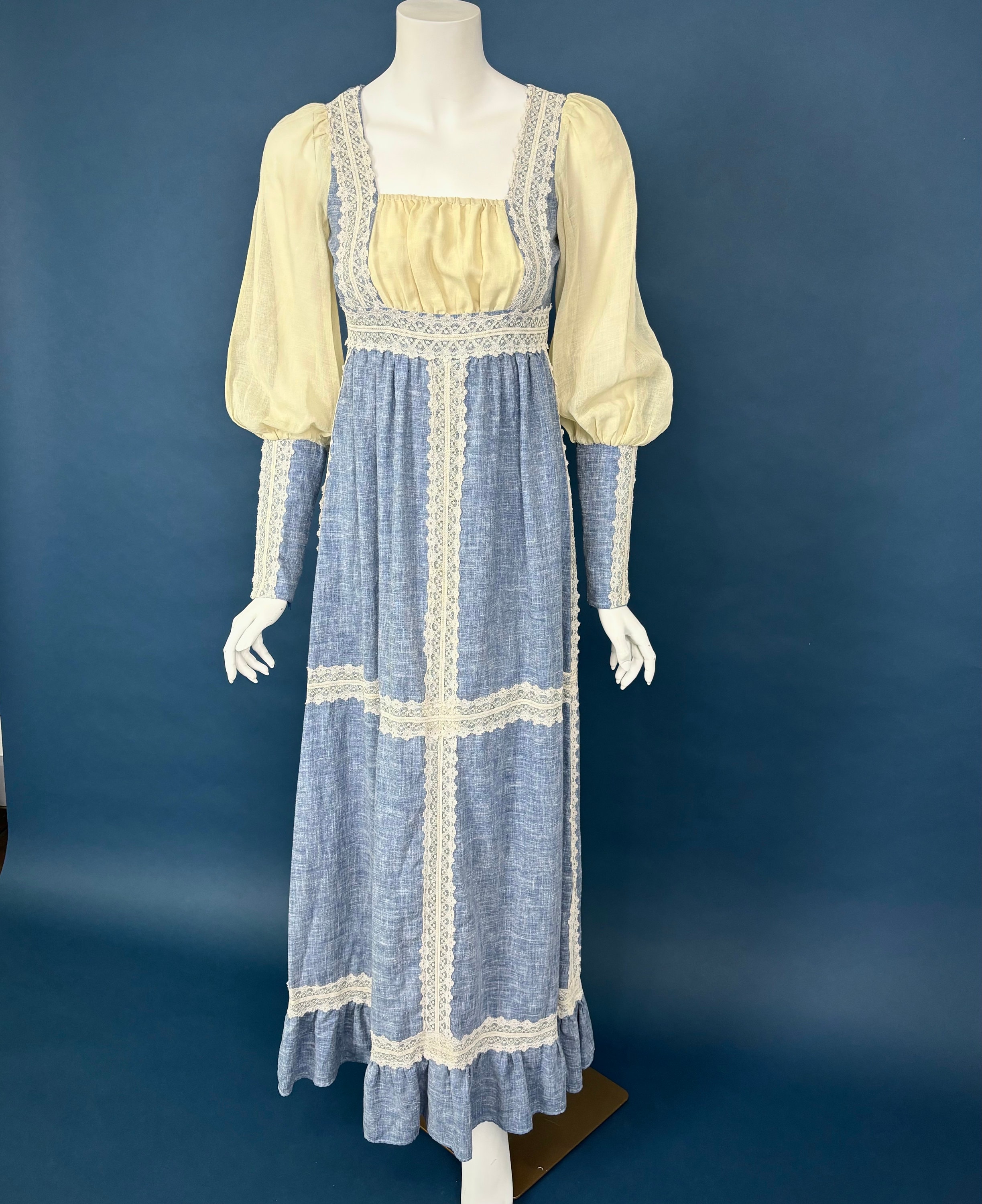 Sz 7 60s Black Label Gunne Sax Maxi Dress | Boho Lace Denim - Etsy