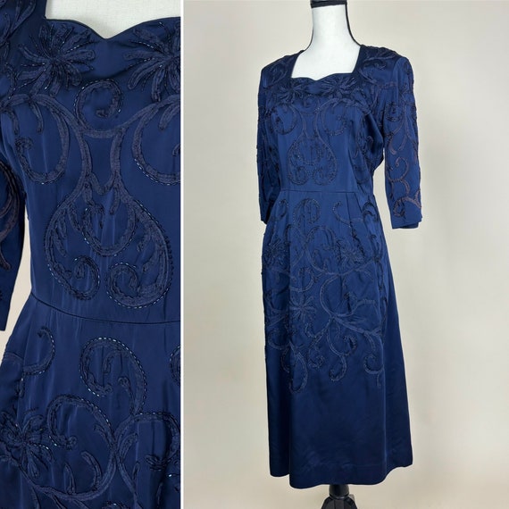 L 50s Beaded Satin Dress | Vintage Cocktail Forma… - image 1