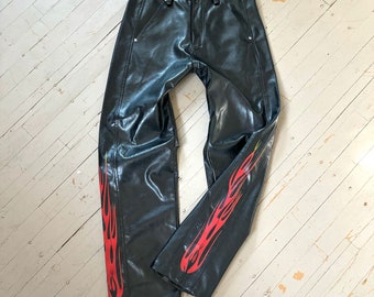 32” 90s/Y2K Vintage Faux Leather Flame Pants | Club Rave Ken Goth Biker Baggy Men’s Women’s