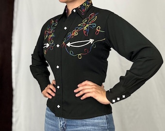 S 50s Vintage Gabardine Western Shirt | Rainbow Embroidery