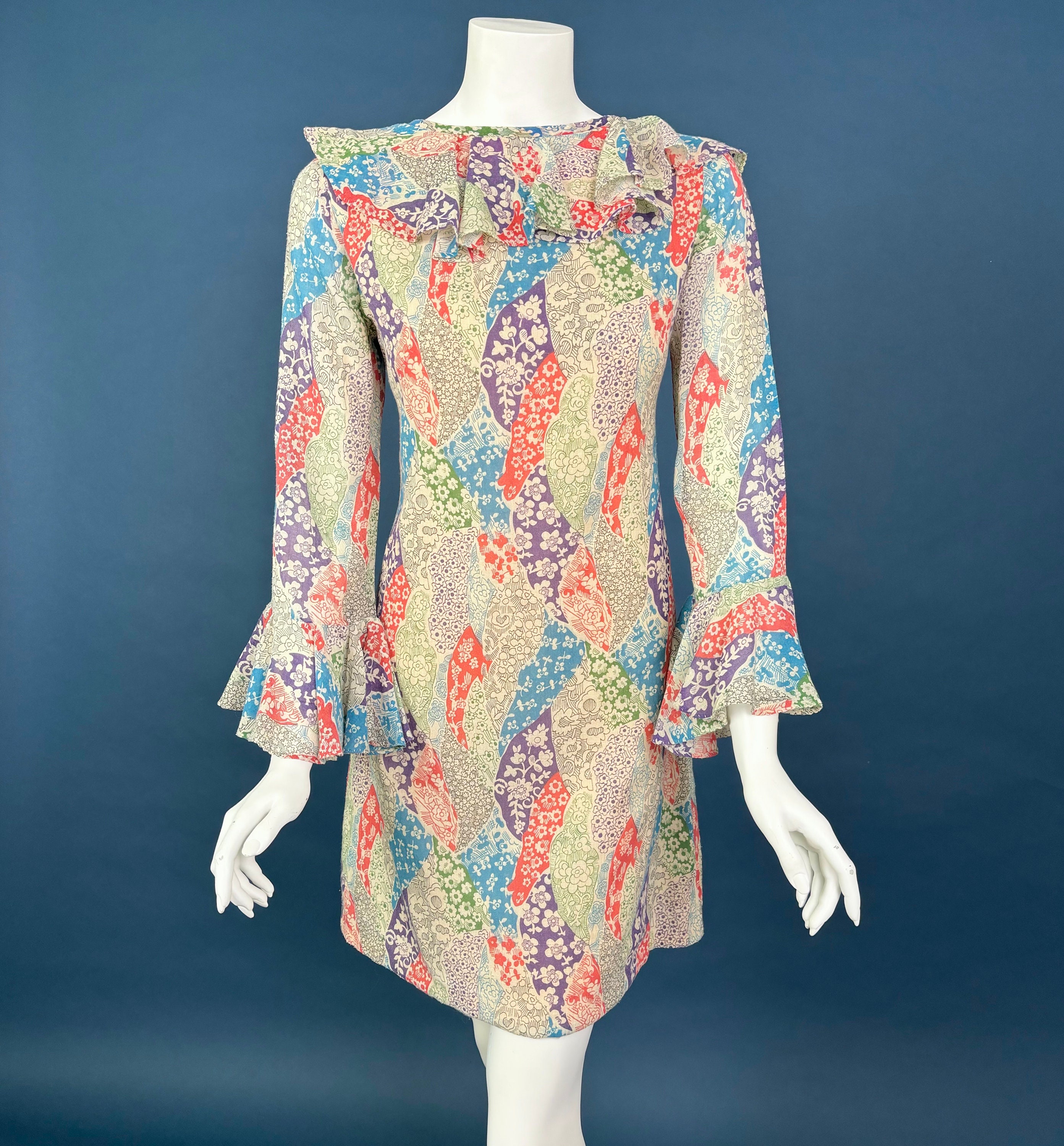 S 60s Vintage Mini Dress | Angel Sleeves GoGo Mod Hippie