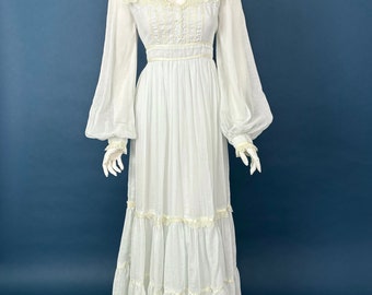 Sz 13 70s Vintage Gunne Sax White Dress | Sheer Boho Wedding Bride Lace