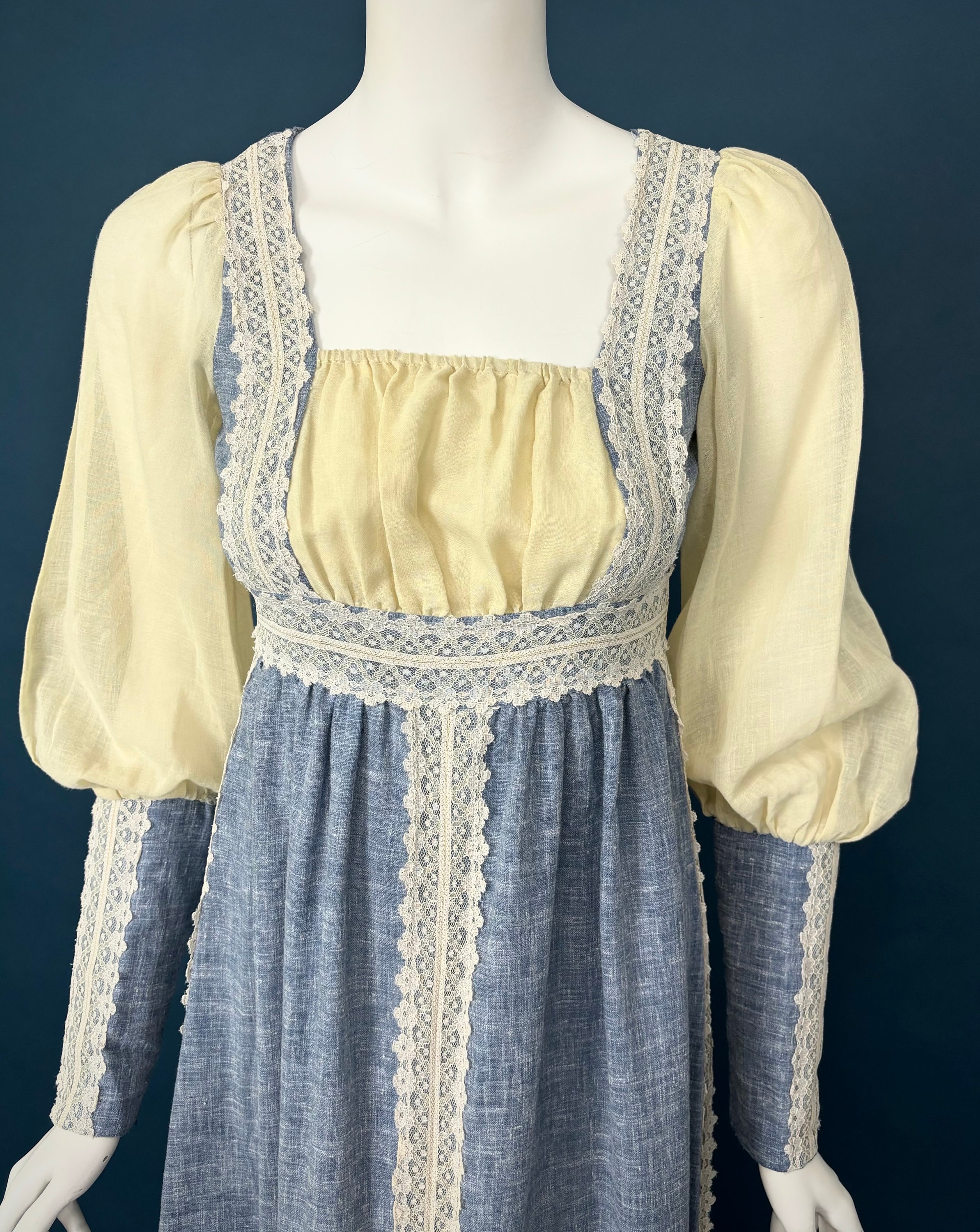 Sz 7 60s Black Label Gunne Sax Maxi Dress | Boho Lace Denim - Etsy