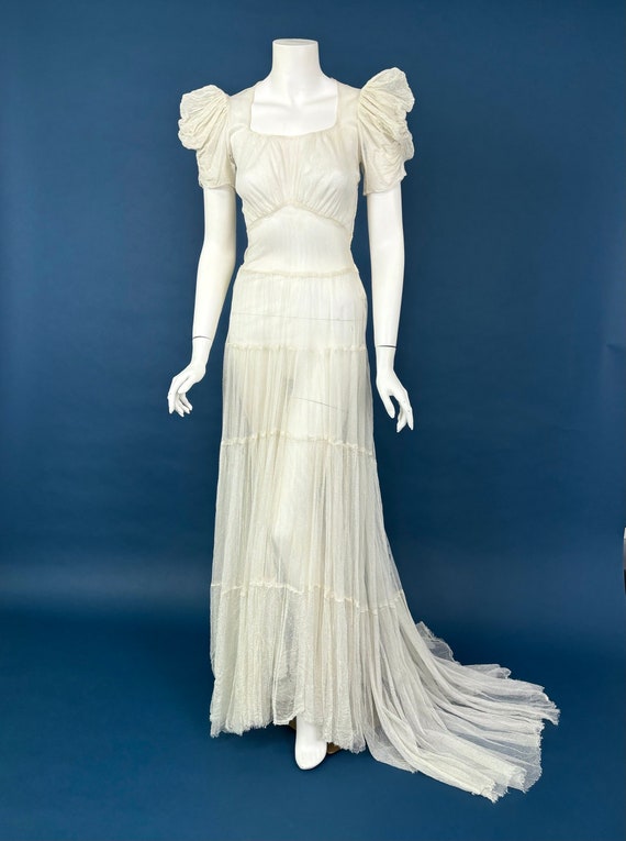 XS 30s Vintage Mesh Wedding Dress | White Antique… - image 2