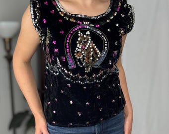 M 50s Vintage Velvet Sequin Mexican Painted Top | Souvenir Cowgirl Western Horse