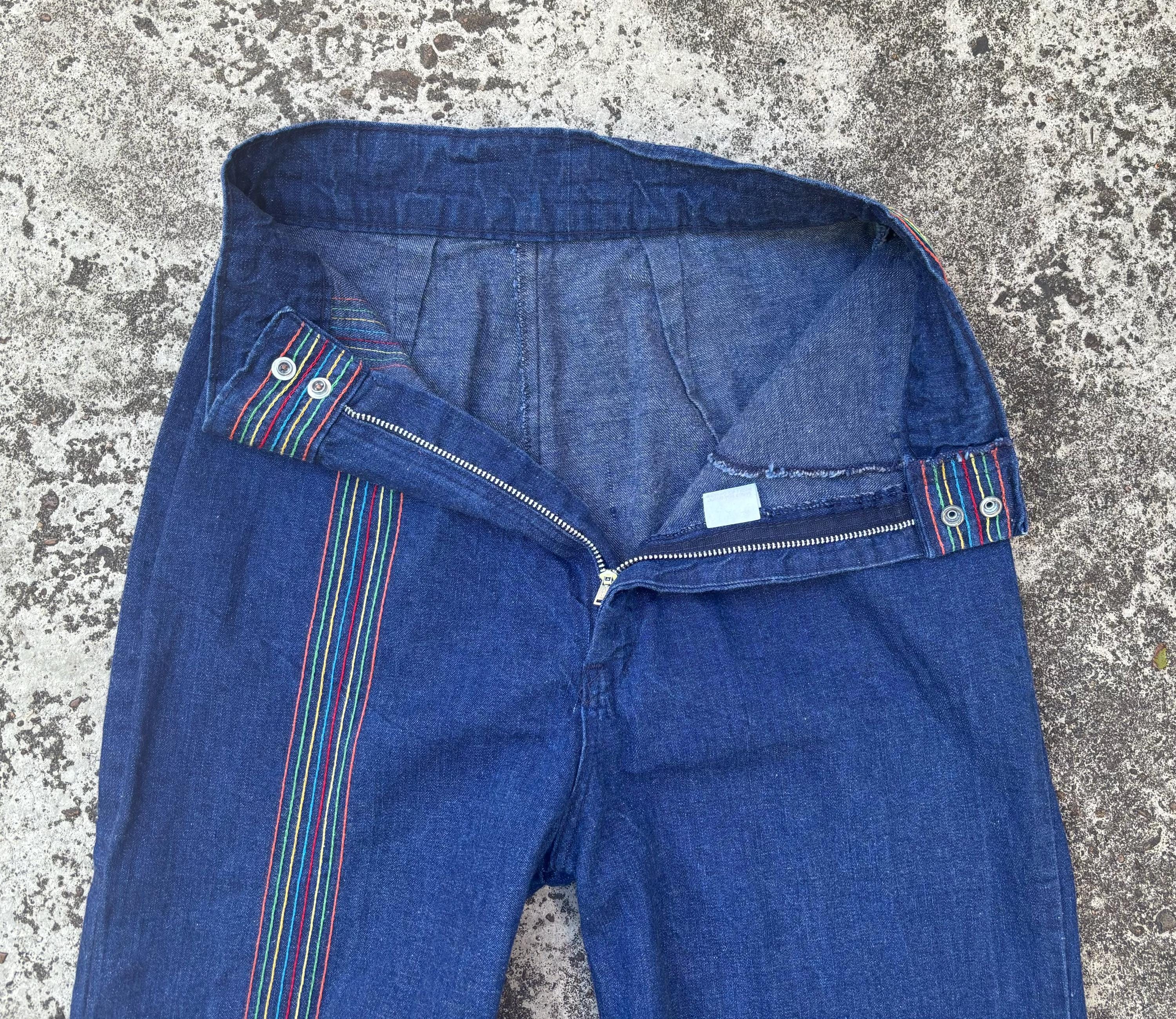 XS/S Vintage 70s Rainbow Stripe Jeans | Wide Leg Bell Bottom