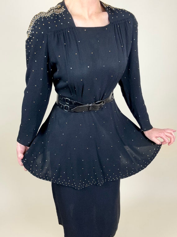 M 40s Studded Peplum Dress | Vintage Rayon Goth P… - image 1