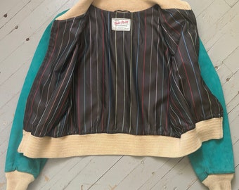 S 50s Vintage Petrol Wildleder Bomberjacke | Mid Century-Rockabilly