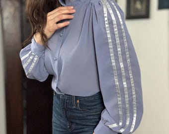S 80s Sheer Chiffon Blouse Puff Sleeve | Office Business Sporty Dressy Professional