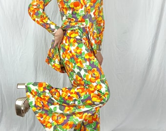 M 70s Vintage Groovy Top and Pant Set | Shirt Suit Stretch Disco Psychedelic