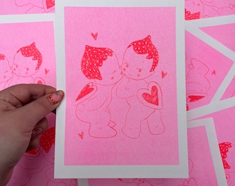 Kissing Kewpies A5 Risograph Print