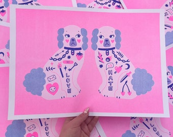 Valentines Dogs A3 Risograph Print