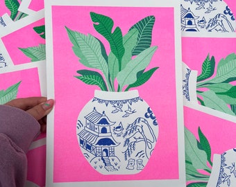 Willow Pattern Plant A4 Risograph Print