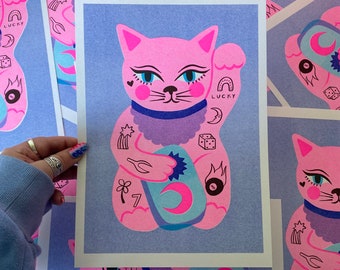 Lucky Cat A4 Risograph Print