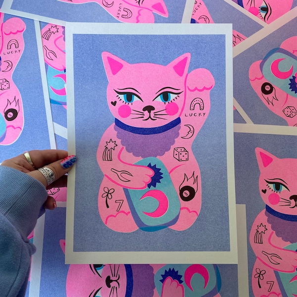 Lucky Cat A4 Risograph Print