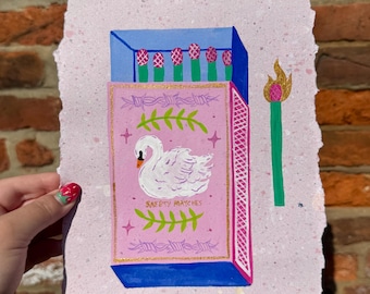 Pintura gouache original de Swan Matchbox