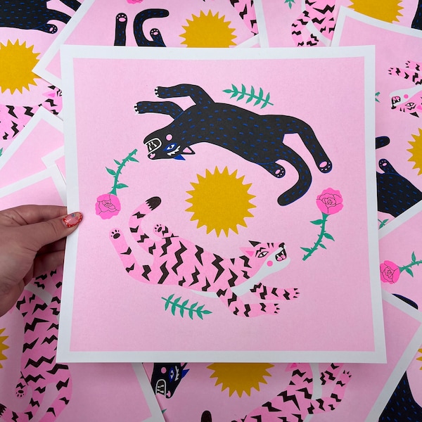 Leaping Cats Vierkant 30x30cm Risograph Print