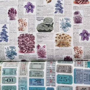 May include: Fabric with a botanical newspaper print featuring various flowers in shades of purple, blue, and beige. Below, a fabric with vintage-style admission tickets in blue, green, and tan.