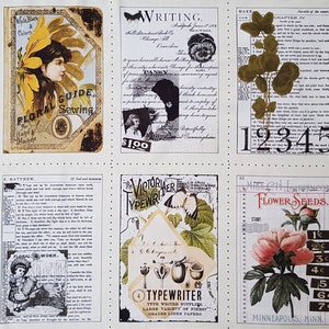 Könnte beinhalten: Ein Stoffpaneel mit Illustrationen im Vintage-Stil. Das Design umfasst Bilder eines Fahrrads, einer Frau, Schmetterlingen, Text und floralen Elementen. Die Farbpalette ist hauptsächlich Creme, Braun und Schwarz, mit Akzenten in Gelb und Rot.