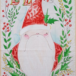 May include: A festive illustration of Santa Claus with the words "Be Merry" in red and white lettering. The image is surrounded by green and yellow foliage with red berries.