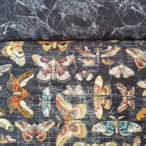 Puede incluir: Dos muestras de tela. La muestra superior presenta un fondo negro con un patrón de telaraña blanca. La muestra inferior muestra un fondo negro con una variedad de coloridas polillas y mariposas, con un patrón de cuadrícula.