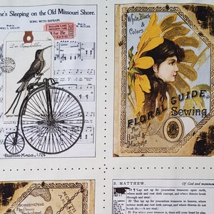 Op de afbeelding: Een collage van vintage ephemera met een vogel op een hoge fiets, een naaigids, een kaart met een vlinder en een bijbelgedeelte. De afbeeldingen zijn verouderd met een sepia-tint.
