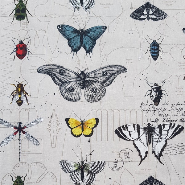 NEU !!! J. Wecker Frisch for Riley Blake " Art Journal"  Linen natural Insekten- 0,5 m x 1,48 m