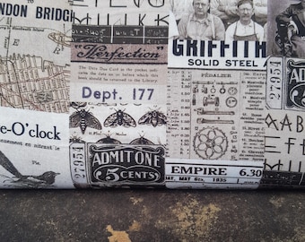 May include: A fabric panel with a collage of vintage ephemera. The design includes old photographs, maps, and advertisements in sepia tones and black. Text elements include "London Bridge", "Griffith Solid Steel", and "Admit One 5 Cents".