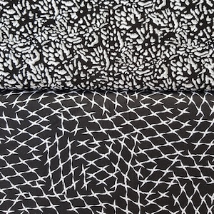 Könnte beinhalten: Zwei Stoffmuster mit schwarzem Hintergrund und weißen Mustern. Das obere Muster hat ein weißes abstraktes Muster. Das untere Muster hat ein weißes geometrisches Muster.