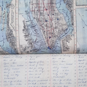 May include: Two rolls of fabric. One features a vintage map of Manhattan in blue and white, showing streets and waterways. The other has a ledger-style print with handwritten text in columns.