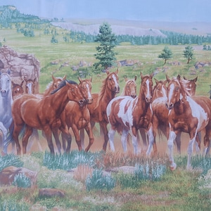 Könnte beinhalten: Eine Herde brauner und weißer Pferde, die über eine grüne Wiese mit einem felsigen Hügel im Hintergrund rennen.