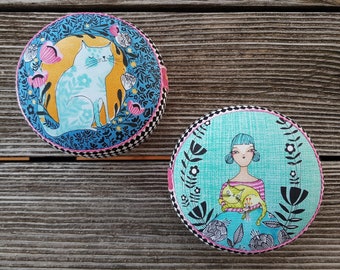 Cori Dantini "Hello Kitty, Kitty" - large, handmade pincushion for quilters with 3 decorative pins-, great gift for crafters