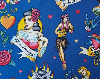 Alexander Henry - « Ne jouez pas avec amour », Pin - Up, Tattoo Fabric - Nicoles Prints, 0,5 m x 1,10 m