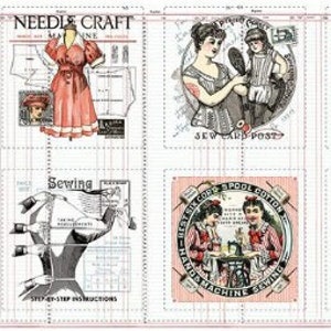 Puede incluir: Una ilustración vintage de costura y bordado. La imagen presenta a una mujer con un vestido, una máquina de coser y un corsé. El texto en la imagen dice "Silks for Patchwork", "Sewing", "Needle Craft", "Seward Post", "Six Cord Spool Cotton", "Hands Machine Sewing", "The Davis Sewing Machine", "Optimates Corset", "Dressmaking & Fine Lace Mending", y "Sweet as the Rose."