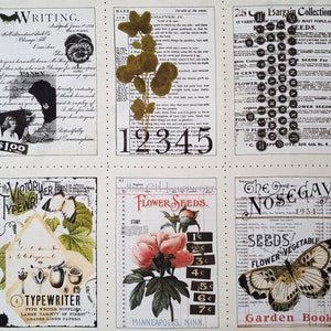 Op de afbeelding: Een collage van vintage ephemera met botanische illustraties, handgeschreven tekst en registerpagina's. De collage bevat afbeeldingen van bloemen, vlinders en de tekst "Flower Seeds" en "Typewriter".