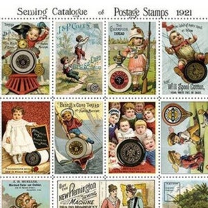 Puede incluir: Una hoja vintage de sellos postales con varias ilustraciones con temática de costura. Los sellos presentan imágenes de niños, máquinas de coser, carretes de hilo y otros artículos relacionados con la costura. Los sellos son de 1921 y forman parte de un catálogo de costura.