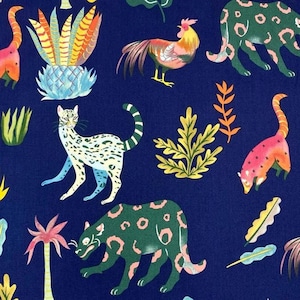 May include: A navy blue fabric with a repeating pattern of colorful jungle animals and plants. The animals include a rooster, a jaguar, a cat, and a pink ocelot. The plants include palm trees, ferns, and a large cactus.