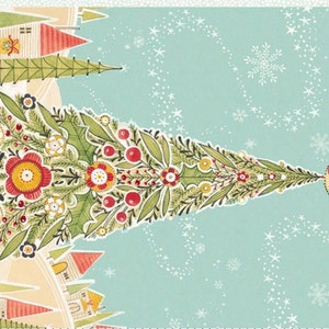 Può includere: Un'illustrazione fantasiosa di un albero di Natale stilizzato con fiori e bacche rosse, gialle e verdi. L'albero è su uno sfondo blu chiaro con fiocchi di neve e stelle bianche.