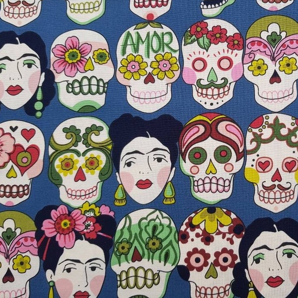 Alexander Henry - "Gotas de amor",  neue Farbe G / denim- Mexiko, 0,50m x 1,10  Meter- Sugarskulls, Reststück