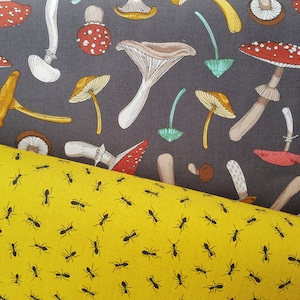 May include: A close-up of a fabric with a repeating pattern of mushrooms and ants. The mushrooms are in various colors, including red, white, and brown. The ants are black and are scattered throughout the fabric.