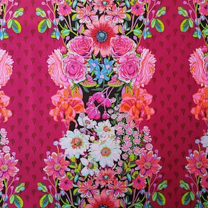 May include: A vibrant floral fabric featuring a repeating pattern of colorful flowers against a deep pink background. The design includes roses, daisies, and other blooms in shades of pink, orange, and white, with green leaves.
