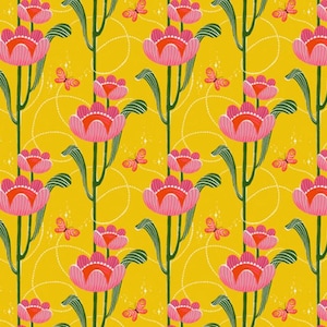 May include: A seamless pattern featuring pink flowers with orange centres on a yellow background. The flowers are stylised and have a retro look. Butterflies are flying around the flowers.