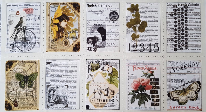 Op de afbeelding: Een stoffen paneel met vintage-stijl illustraties. Het ontwerp bevat afbeeldingen van een fiets, een vrouw, vlinders, tekst en bloemelementen. Het kleurenpalet is voornamelijk cr&egrave;me, bruin en zwart, met accenten van geel en rood.