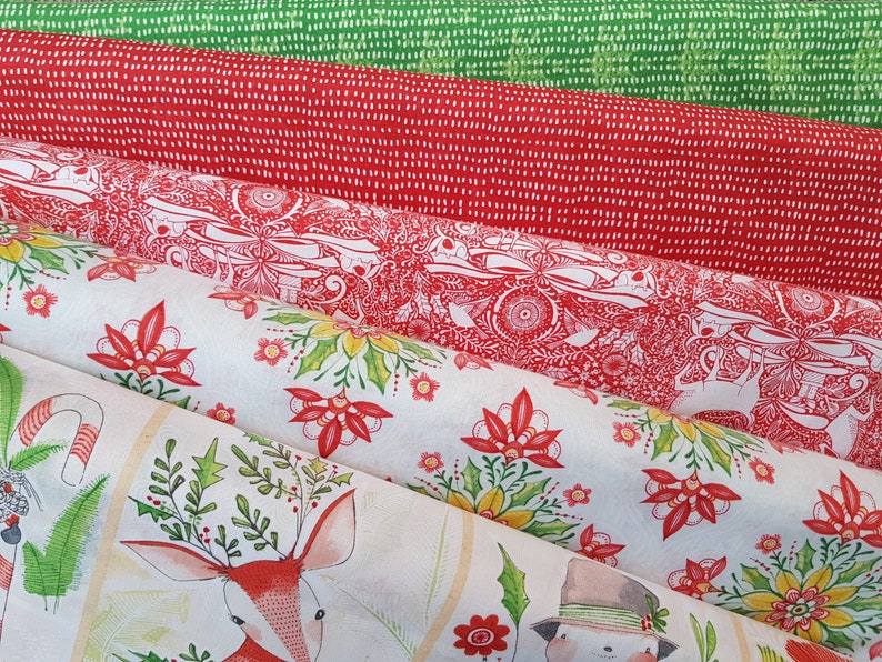 May include: Four different fabric swatches with a Christmas theme. The top swatch is a green fabric with a white polka dot pattern. The second swatch is a red fabric with a white polka dot pattern. The third swatch is a white fabric with a red and white floral pattern. The bottom swatch is a white fabric with a red and green floral pattern and a reindeer illustration.
