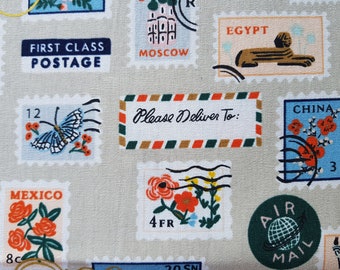 Rifle Paper CO "Bon Voyage " , the - Postage Stamps stamps allover , canvas linen / cotton 0.5 m x 1.10 m
