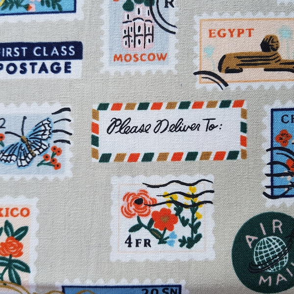 Rifle Paper CO "Bon Voyage " , die - Postage Stamps- Briefmarken allover , Canvas -Leinen / Baumwolle  0,5 m x 1,10 m