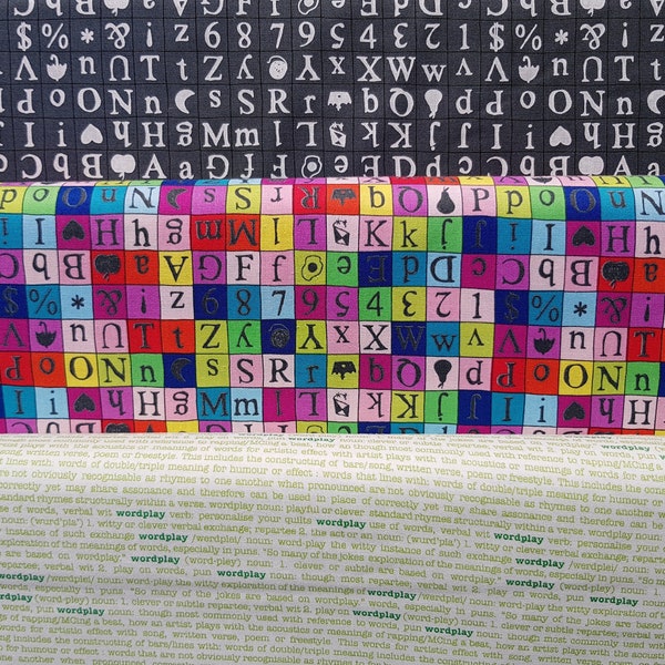 Windham Fabrics, " Wordplay " by Sarah Fielke  Patt 43138 & 43141 - 0,5 x 1,10m Schrift und Buchstaben , Zeichen