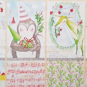 May include: A Christmas-themed fabric panel with four different illustrations. The panel features a mouse wearing a green coat and a red hat, a penguin holding a small tree, a deer with antlers and a wreath of holly, and a snowman holding a candy cane. The panel also includes a musical score and a pattern of holly leaves.