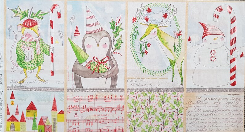 May include: A Christmas-themed fabric panel with four different illustrations. The panel features a mouse wearing a green coat and a red hat, a penguin holding a small tree, a deer with antlers and a wreath of holly, and a snowman holding a candy cane. The panel also includes a musical score and a pattern of holly leaves.