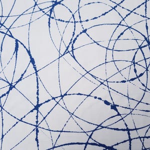 May include: Abstract pattern of blue lines and circles on a white background. The lines are thin and the circles are slightly thicker. The pattern is repeated throughout the image.